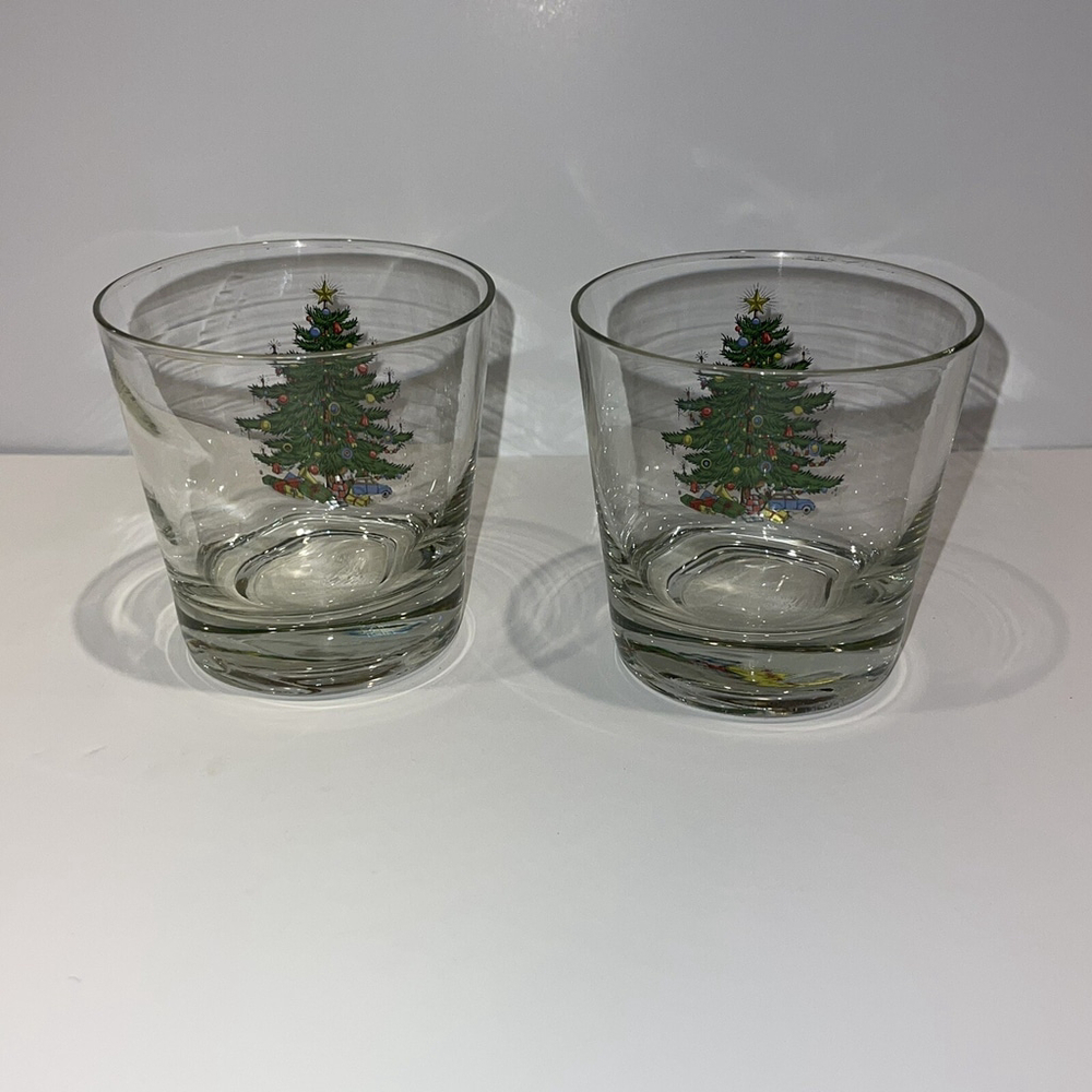 Vintage Christmas Tree Print Low Ball Whiskey Glasses 3.25” EUC FLAWED READ - Picture 4 of 9